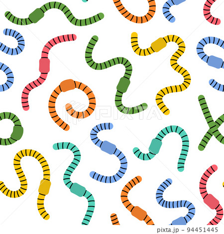 Colored earthworms seamless pattern. Curled worms background. Terrestrial annelids worms hand drawn pattern 94451445
