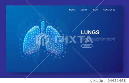Lungs 3d low poly website template. Respiratory system design illustration concept. Polygonal Organ anatomy symbol for landing page, advertising page. 94451468