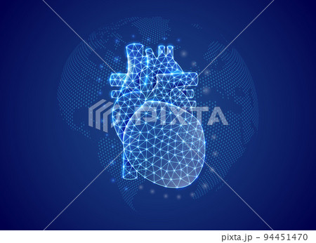 Heart 3d low poly symbol with blue world map background. Cardiology concept design illustration. Organ anatomy polygonal symbol with connected dots 94451470