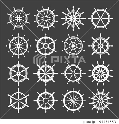 Collection of white vintage steering wheels. Ship, yacht retro wheel symbol. Nautical rudder icon. Marine design element. Vector illustration 94451553