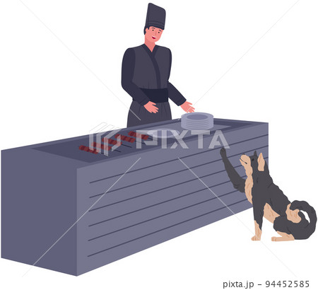 Hungry dog sits near street food kiosk and asks for food from fried meat vendor, caring for pet 94452585