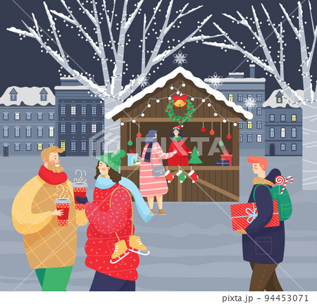 Christmas Fair in City, Couple Walking with Coffee 94453071