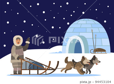 Inuit Passing Igloo on Sledges with Husky Dog Inuit Passing Igloo on Sledges with Husky Dog 94453104