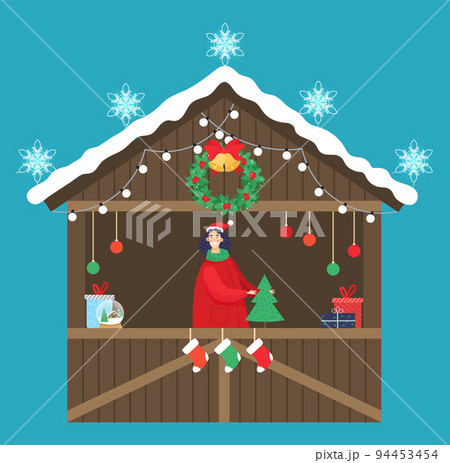 Christmas Market Seller with Pine Tree and Present 94453454