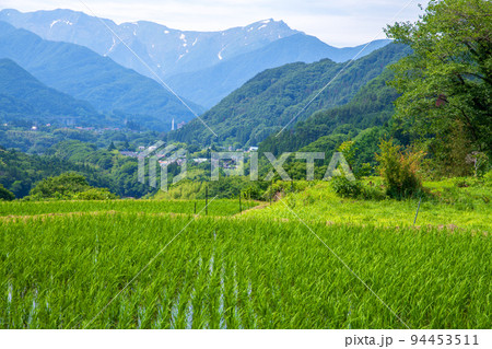 里山の風景　谷川連峰を望む　みなかみ町付近　初夏の季節 94453511