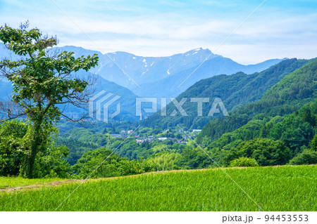 里山の風景 谷川連峰を望む みなかみ町付近 初夏の季節 里山の風景 谷川連峰を望む みなかみ町付近 初夏の季節 94453553