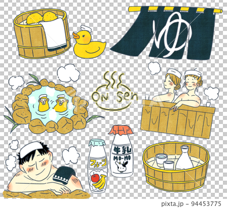 溫泉插畫、清酒桶、公共浴池、泡溫泉的男女套裝 溫泉插畫、清酒桶、公共浴池、泡溫泉的男女套裝 94453775