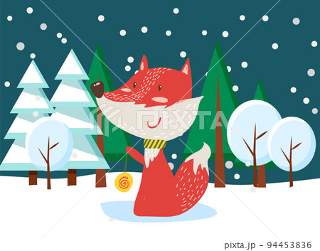 Winter Postcard with Fox in Snowy Forest Vector 94453836