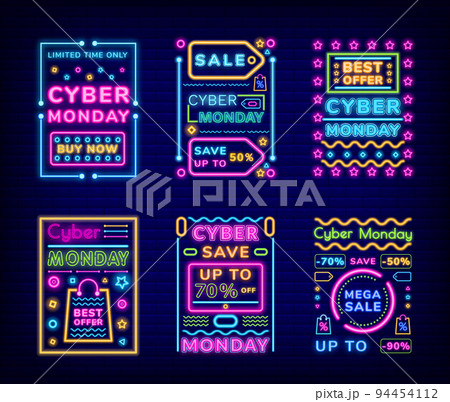 Cyber Monday Neon Signs of Discounts Sale Set 94454112