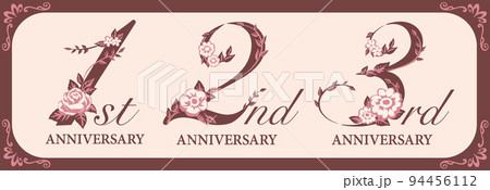 1、2、3周年アニバーサリーのデザイン素材。花を使った数字フォント。ベクター。 94456112