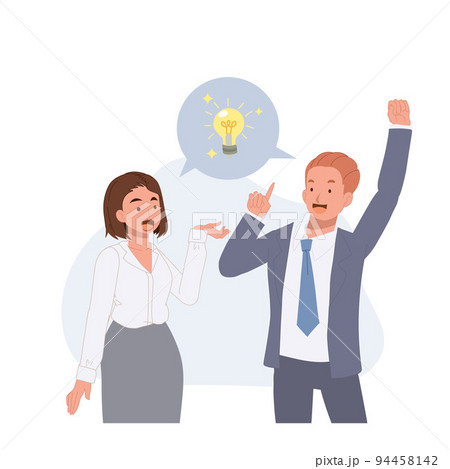 Businessman and businesswoman have a discuss then got an idea. having solution concept. problem solving. Light bulb icon on speech bubble. Vector illustration. Businessman and businesswoman have a discuss then got an idea. having solution concept. problem solving. Light bulb icon on speech bubble. Vector illustration. 94458142