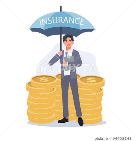Money Insurance Concept. Businessman take cover under insurance umbrella. Money Protection Financial Savings, Secure Investment. vector illustration. Money Insurance Concept. Businessman take cover under insurance umbrella. Money Protection Financial Savings, Secure Investment. vector illustration. 94458143