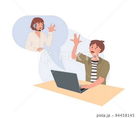 A man using via video call app in laptop. Online Video call conversation or chat. communication technology concpet. Vector illustration 94458145