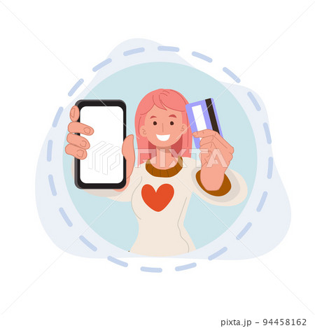 woman showing payment card and app in phone. online shopping, shopping app, Plastic credit card and smartphone. vector illustrations. 94458162