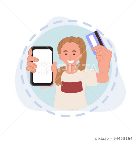 woman showing payment card and app in phone. online shopping, shopping app, Plastic credit card and smartphone. vector illustrations. 94458164
