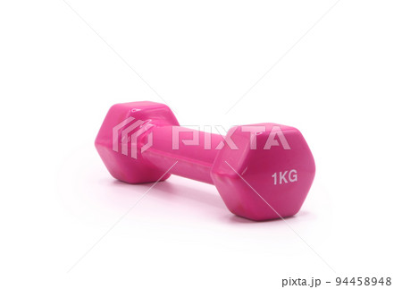 Pink dumbbell with one kilogram weight on white background 94458948