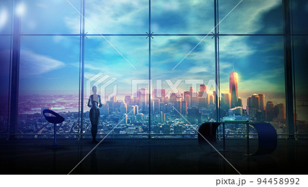 Robot in a spacious office with panoramic windows, 3D render. Robot in a spacious office with panoramic windows, 3D render. 94458992