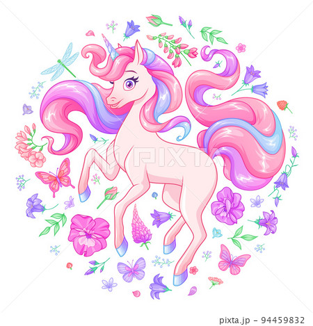 Cute pink unicorn surrounded with flowers and butterflies. Cartoon vector illustration. 94459832