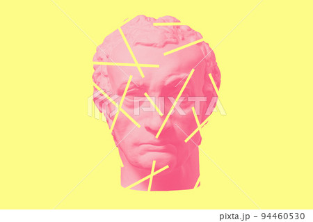 Antique sculpture of human face in artificial intelligence pop art style. Modern creative concept image with ancient statue head. Contemporary neural network art poster. Funky punk collage design. Antique sculpture of human face in artificial intelligence pop art style. Modern creative concept image with ancient statue head. Contemporary neural network art poster. Funky punk collage design. 94460530