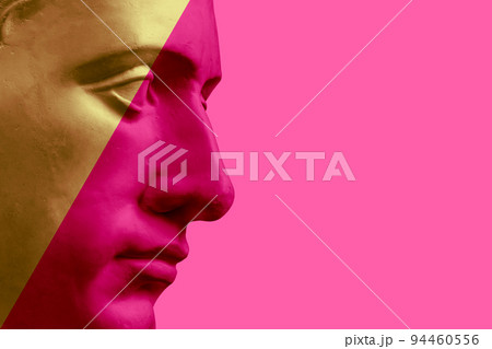 Antique sculpture of human face in artificial intelligence pop art style. Modern creative concept image with ancient statue head. Contemporary neural network art poster. Funky punk collage design. 94460556