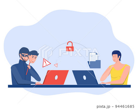 Criminal hacker holding friends mask for hacking on notebook laptop screen stealing data ,cyber crime, theft of personal data, password, flat vector illustration. 94461685