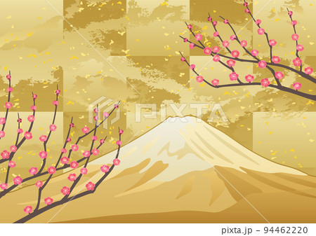 装飾背景-金箔に紅梅と富士山 94462220