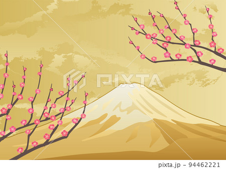 装飾背景-金箔に紅梅と富士山 94462221