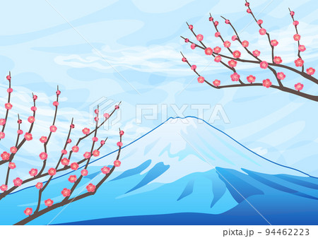 装飾背景-青空に紅梅と富士山 94462223