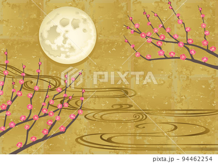 装飾背景-金箔に紅梅と流水と月 94462254
