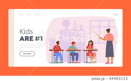 Kids on Lesson Landing Page Template. Children Students Characters with Teacher in Classroom. Boys and Girls Sit at Desk Kids on Lesson Landing Page Template. Children Students Characters with Teacher in Classroom. Boys and Girls Sit at Desk 94463113
