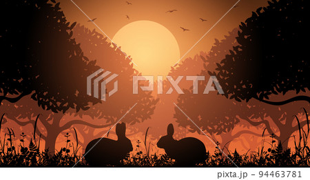 Vector silhouette of hen in nature at sunset Vector silhouette of hen in nature at sunset 94463781