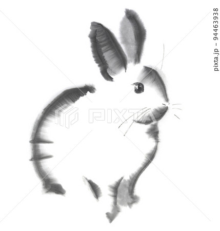 横向きの白いうさぎ 水墨画のイラスト素材 [94463938] - PIXTA