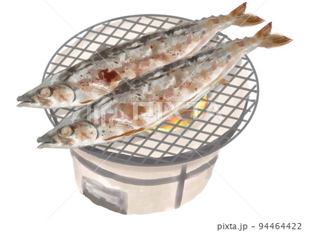 手描きの七輪で焼くサンマ 94464422