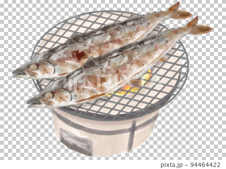 手描きの七輪で焼くサンマ 94464422