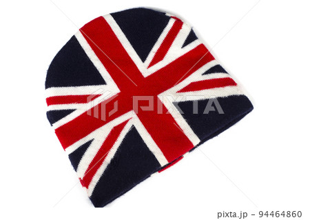 Winter knitted hat with UK flag pattern on white background 94464860