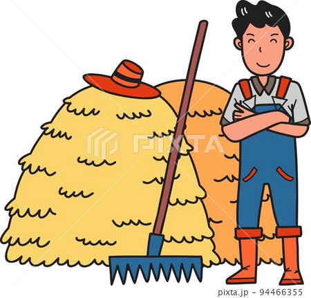 Hand Drawn A farmer stands next to a heap of straw illustration Hand Drawn A farmer stands next to a heap of straw illustration 94466355