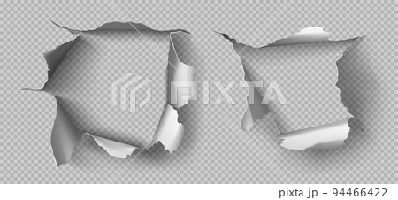 Metal rip holes with curly edges, ragged cracks 94466422