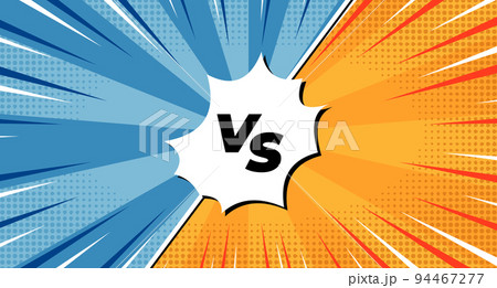 Logo of versus. Letters VS on background in comics style for sports and fight, martial arts, competition. Blue and orange background with halftone effect. Vector illustration 94467277