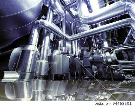 Industrial zone, Steel pipelines in blue tones  with reflection 94468201