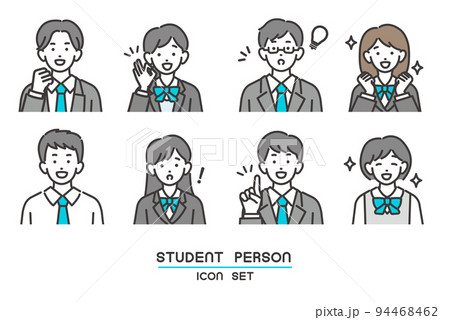 笑顔や驚いたりしている、ブレザー制服の学生の顔アイコンのベクターイラスト素材／制服／高校生／中学生／ 94468462