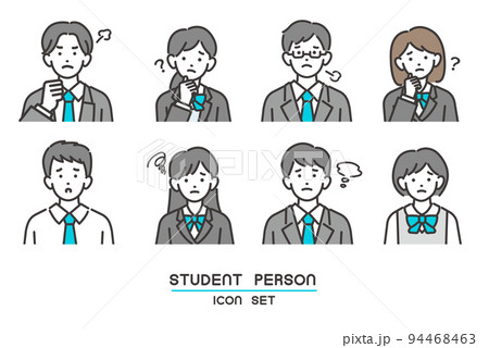 困ったり悩んだりしている、ブレザー制服の学生の顔アイコンのベクターイラスト素材／制服／高校生／中学生 94468463