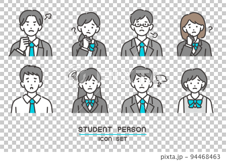 困ったり悩んだりしている、ブレザー制服の学生の顔アイコンのベクターイラスト素材／制服／高校生／中学生 94468463