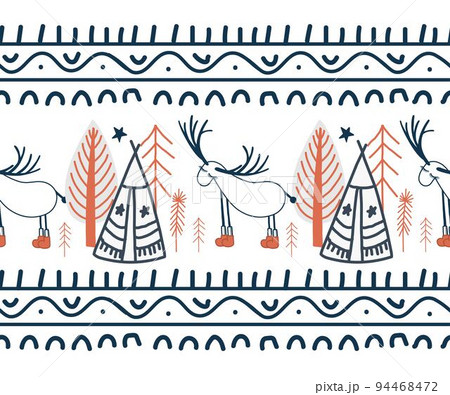 The border is demonic in the northern style. Scandinavian winter forest. Fairy forest seamless. Ribbon and textile decor 94468472
