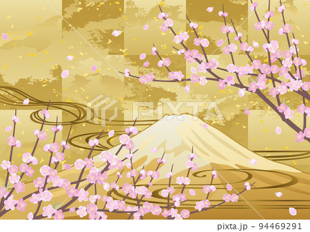 装飾背景-金箔に桃と流水と富士山 装飾背景-金箔に桃と流水と富士山 94469291