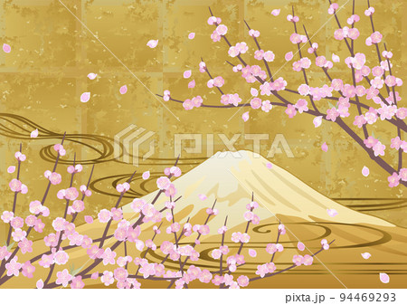 装飾背景-金箔に桃と流水と富士山 94469293