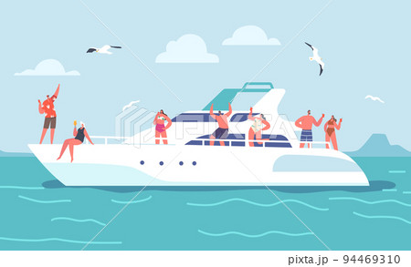 Summertime Vacation, Sea Cruise. Young People Relaxing on Luxury Yacht at Ocean. Happy Characters Rest on Ship Summertime Vacation, Sea Cruise. Young People Relaxing on Luxury Yacht at Ocean. Happy Characters Rest on Ship 94469310