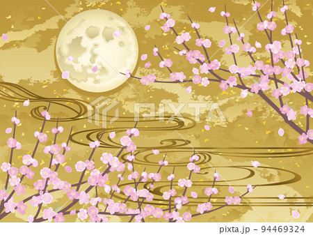 装飾背景-金箔に桃と流水と月 装飾背景-金箔に桃と流水と月 94469324