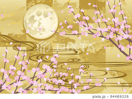 装飾背景-金箔に桃と流水と月 装飾背景-金箔に桃と流水と月 94469326
