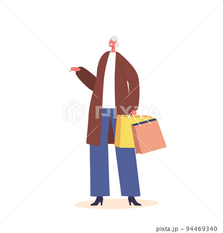 Single Senior Female Character Wear Trendy Clothes Holding Shopping Bags Isolated on White Background 94469340