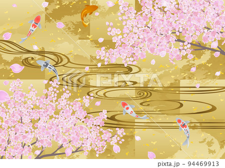 装飾背景-金箔に桜と流水と錦鯉 94469913